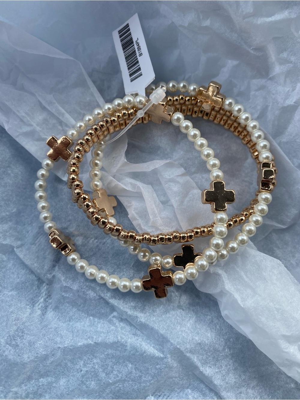 Set of 3 Pearl Gold Cross Bracelets - New With Tags